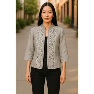 Chico's Women Jacket Size 3 / XL Gray Embroidered Linen Jacket Daney Elegant